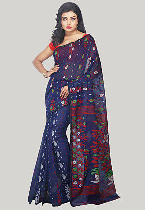 Jamdani Resham Silk Handloom Saree in Navy Blue