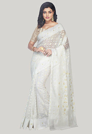 Jamdani Resham Silk Handloom Saree in White