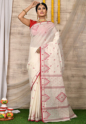 Jamdani Woven Cotton Saree in Off White