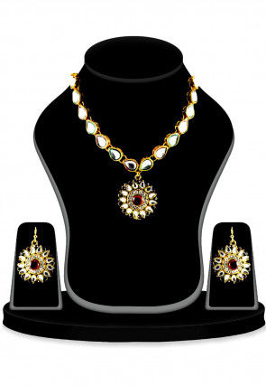Stone Studded Necklace Set in White and Maroon 