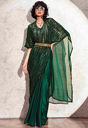 Kaftan Style Polyester Saree in Green