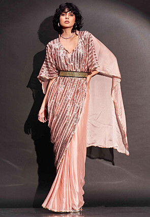 Kaftan Style Polyester Saree in Peach