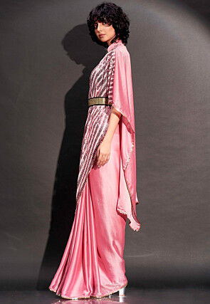 Kaftan Style Polyester Saree in Pink
