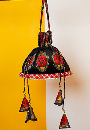 Kalamkari Printed Art Silk Potli Bag in Black