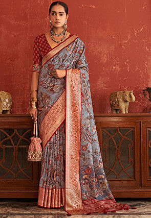 Kalamkari Printed Art Silk Saree in Light Blue