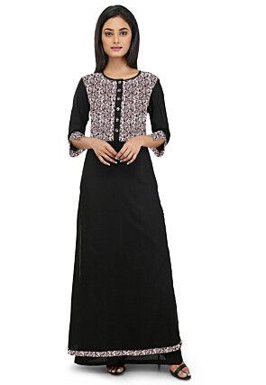 Kalamkari Printed Cotton A Line Dress in Black