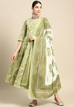 Kalamkari Printed Cotton A Line Suit in Light Olive Green