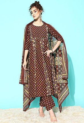 Kalamkari Printed Cotton Abaya Style Suit in Dark Brown