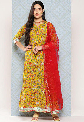 Kalamkari Printed Cotton Abaya Style Suit in Dark Yellow
