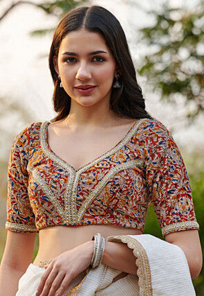 Kalamkari Printed Cotton Blouse in Maroon