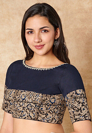 Kalamkari Printed Cotton Blouse in Navy Blue and Black