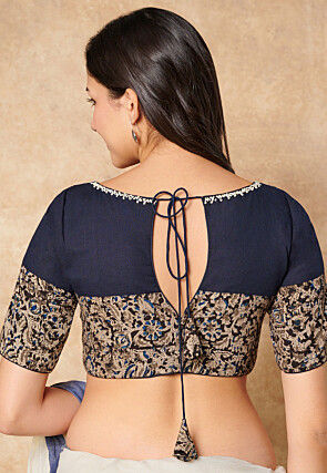 Kalamkari Printed Cotton Blouse in Navy Blue and Black