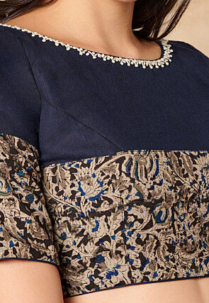 Kalamkari Printed Cotton Blouse in Navy Blue and Black