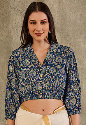 Kalamkari Printed Cotton Blouse in Navy Blue