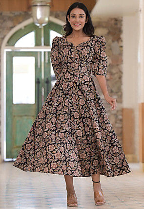 Kalamkari Printed Cotton Dress in Black