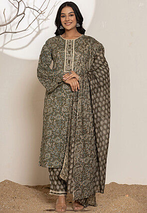 Kalamkari Printed Pure Cotton Pakistani Suit in Dusty Green