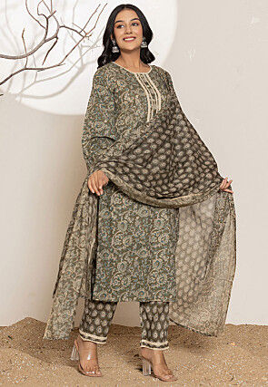 Kalamkari Printed Pure Cotton Pakistani Suit in Dusty Green