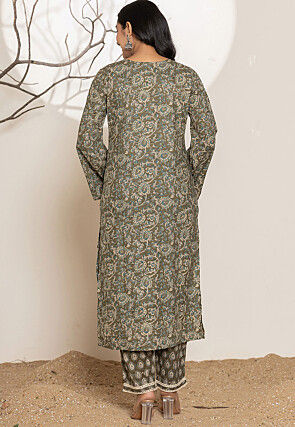 Kalamkari Printed Pure Cotton Pakistani Suit in Dusty Green