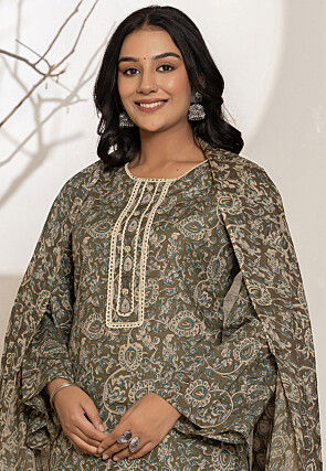 Kalamkari Printed Pure Cotton Pakistani Suit in Dusty Green