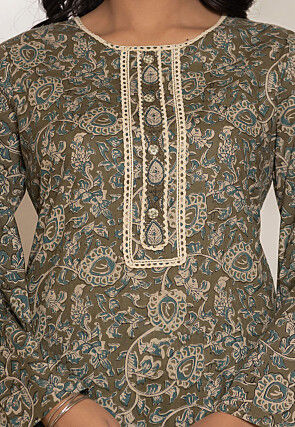 Kalamkari Printed Pure Cotton Pakistani Suit in Dusty Green