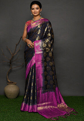 Kanchipuram Dupion Silk Saree in Dark Teal Blue