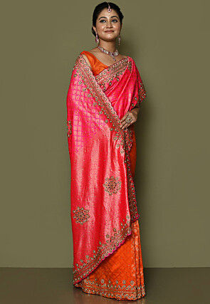 Kanchipuram Hand Embroidered Half N Half Saree in Pink and Orange