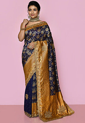 Kanchipuram Hand Embroidered Saree in Navy Blue