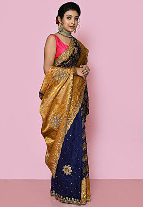 Kanchipuram Hand Embroidered Saree in Navy Blue
