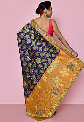 Kanchipuram Hand Embroidered Saree in Navy Blue