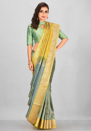 Kanchipuram Hand Embroidered Saree in Teal Blue