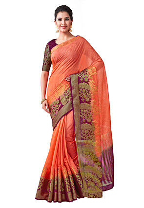 Kanchipuram Linen Silk Saree in Orange