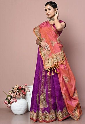 Kanchipuram Silk Two Part Saree in Orange and Purple