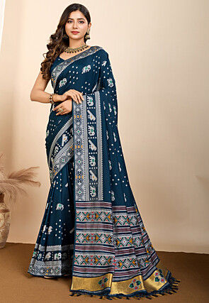 Kanchipuram Saree in Dark Teal Blue