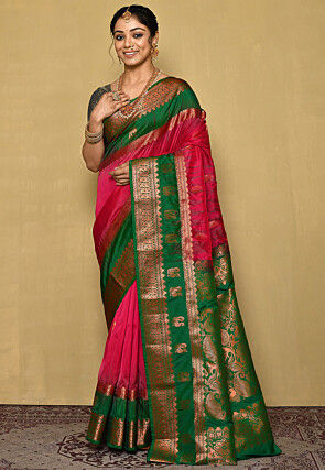 Ethnic Junctions Women's Kanjivaram Silk Designer Bridal Saree with Bl