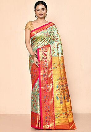 Kanchipuram Saree in Golden and Silver Dual Tone