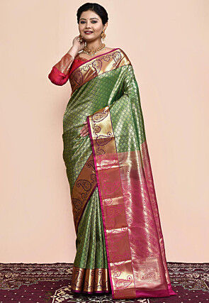 Kanchipuram Saree in Green and Golden