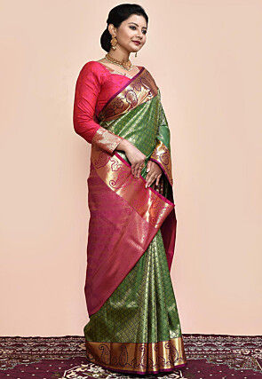 Kanchipuram Saree in Green and Golden