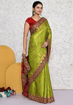 Kanchipuram Scalloped Saree in Olive Green