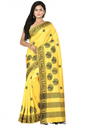 Kanchipuram Silk Embroidered Saree in Yellow