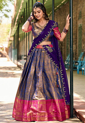 `Kanchipuram Silk Lehenga in Blue and Golden
