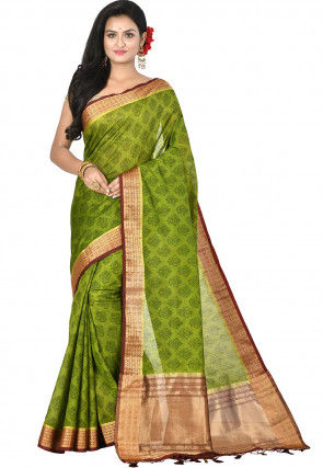 Kanchipuram Silk Printed Saree in Olive Green