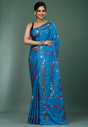 Kantha Art Silk Saree in Blue