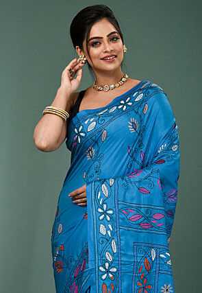Kantha Art Silk Saree in Blue