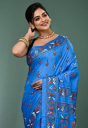 Kantha Art Silk Saree in Blue