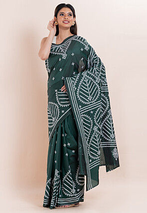 Kantha Art Silk Saree in Dark Green