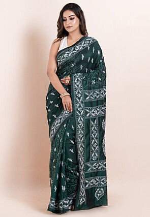 Kantha Art Silk Saree in Dark Green