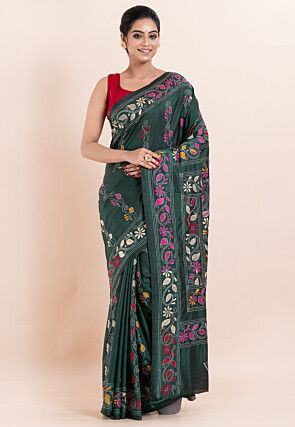 Kantha Art Silk Saree in Dark Green