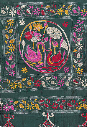 Kantha Art Silk Saree in Dark Green