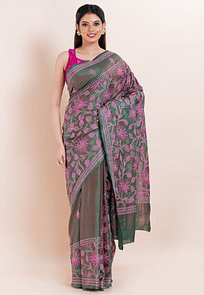 Kantha Art Silk Saree in Dark Green