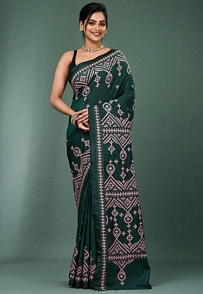 Kantha Art Silk Saree in Dark Green